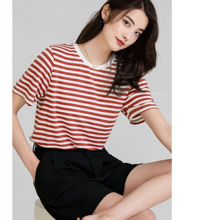 Áo thun Cotton sọc ngắn tay dành cho nữ | Sọc Đỏ Trắng | Mềm mại thoáng khí | Hàng đầu thời trang mùa xuân & hàng ngày