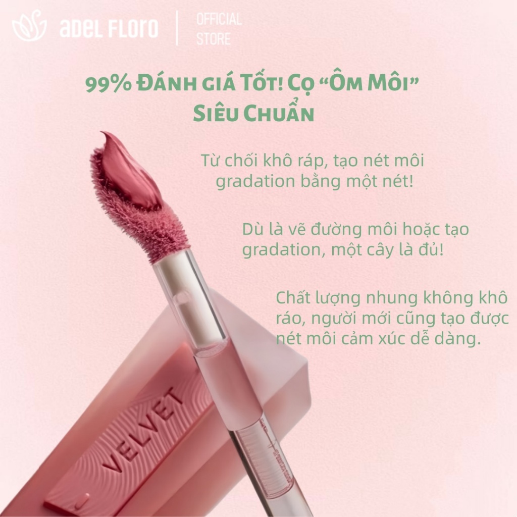 【Adel Floro】Son Lì Nhung | Chất nhung mịn, Lì mượt, Lâu trôi, Đầu cọ đặc biệt, Dưỡng ẩm hoạt tính