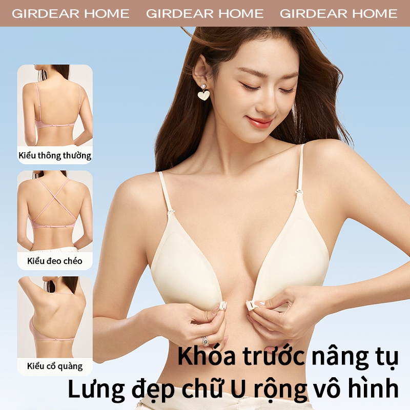 Girdear Home Triangle Push Up Bra Áo lót dáng tam giác cài nút trước Nâng ngực cho ngực nhỏ, dây mảnh cổ yếm hở lưng điều chỉnh được, che giấu dây áo,7631FC03