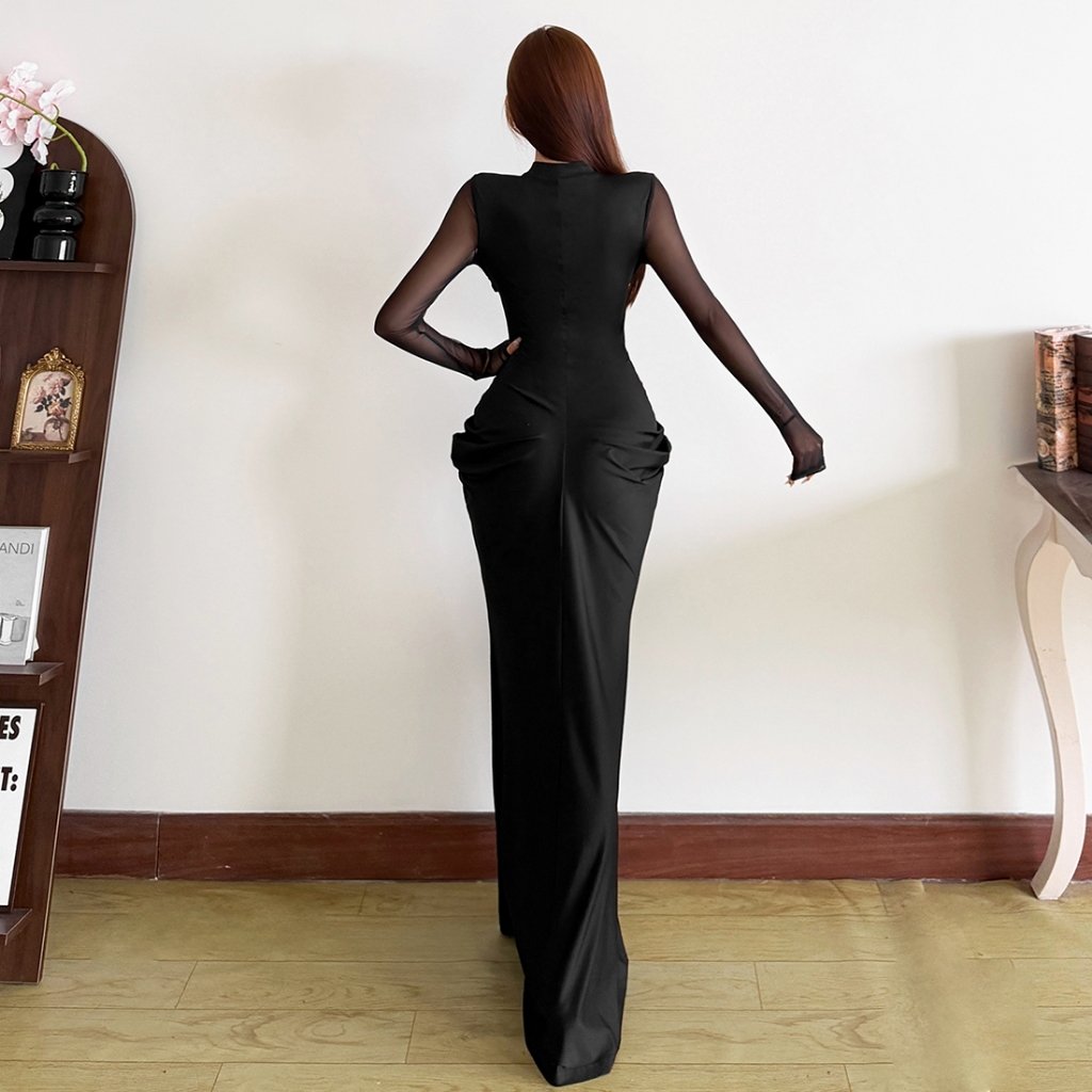 Váy maxí lưới chắp vá tay dài cho nữ, phong cách vintage mùa hè