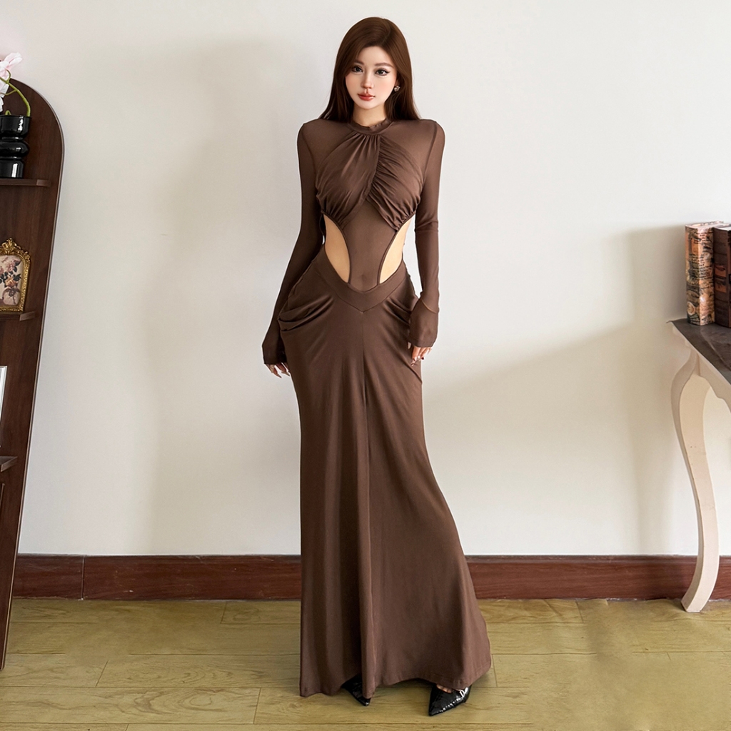 Váy maxí lưới chắp vá tay dài cho nữ, phong cách vintage mùa hè