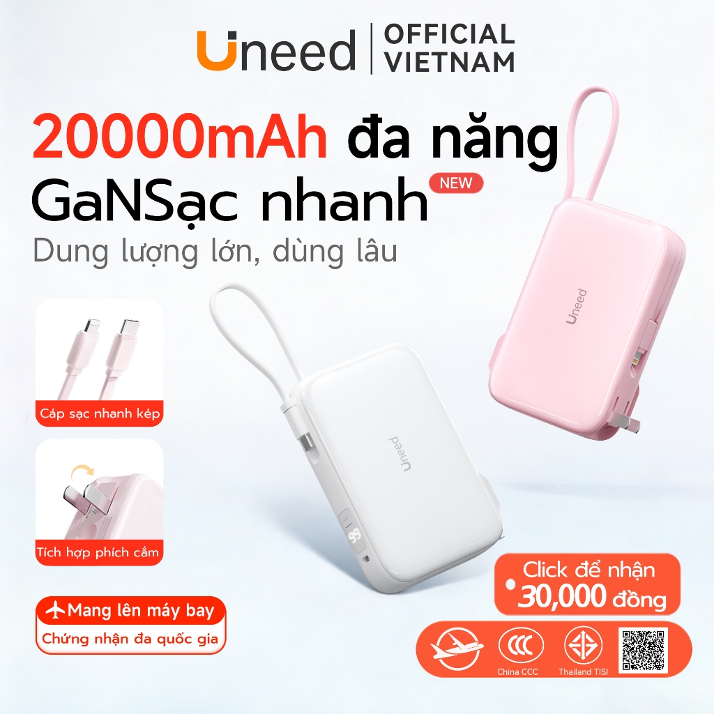 [Bảo hành 2 năm] Uneed Sạc Dự Phòng 20000mAh Cục Sạc Dựng Phòng PD22.5W Sạc Nhanh Có Dây AC Tự Nạp Dây đôi Tích Hợp Pin Dự Phòng Hoạt động Trên iPh8-17 và Android China CCC