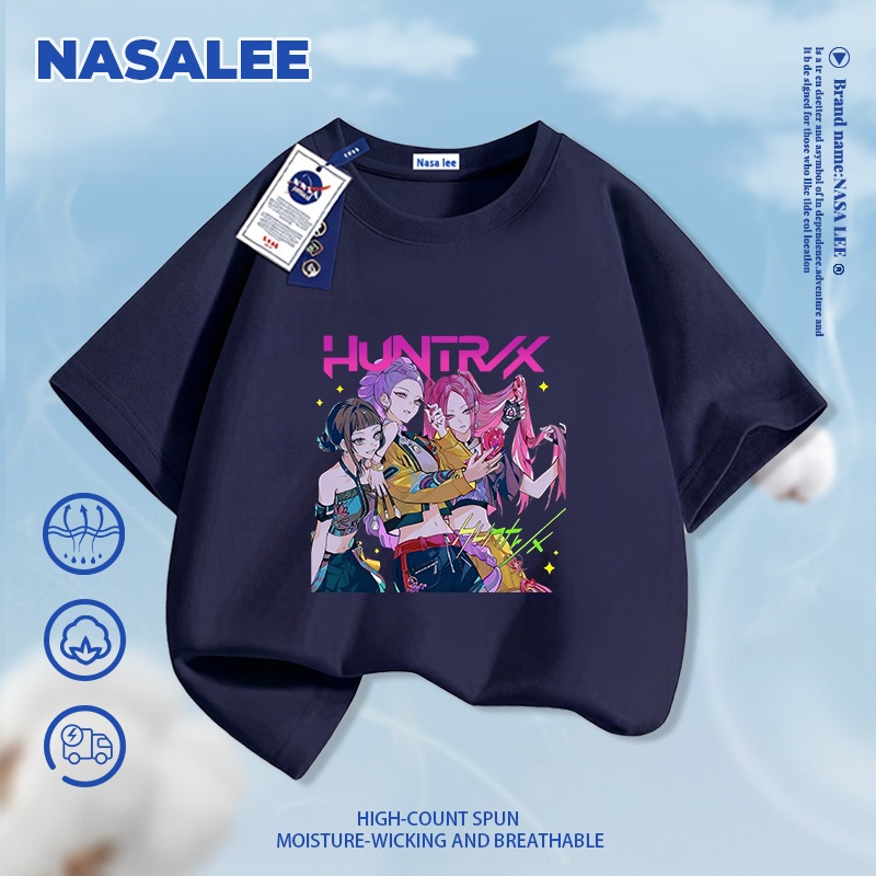 [Giao hàng trong ngày] Áo thun ngắn tay cotton màu đen cho trẻ em NASA, phong cách hình ảnh nhóm nhạc nữ Kpop, dành cho bé 3-16 tuổi, áo sơ mi dáng rộng thoải mái