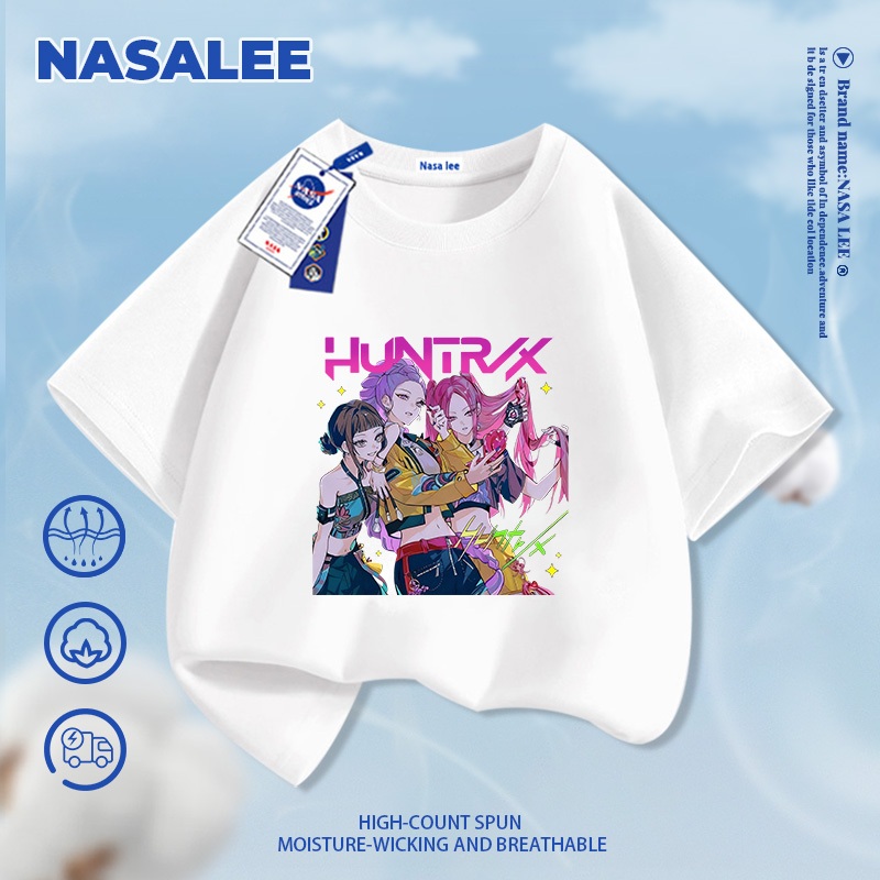 [Giao hàng trong ngày] Áo thun ngắn tay cotton màu đen cho trẻ em NASA, phong cách hình ảnh nhóm nhạc nữ Kpop, dành cho bé 3-16 tuổi, áo sơ mi dáng rộng thoải mái