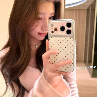 Hàn Quốc Da Dễ Thương Trái Tim Tình Yêu Gấu Hồng Kẻ Sọc Dây Đeo Tay Ốp Lưng Điện Thoại iPhone 17Promax 17Pro 14 15 16 Pro Max 13 Chống Sốc Bảo Vệ Toàn Diện Nữ Vỏ Di Động