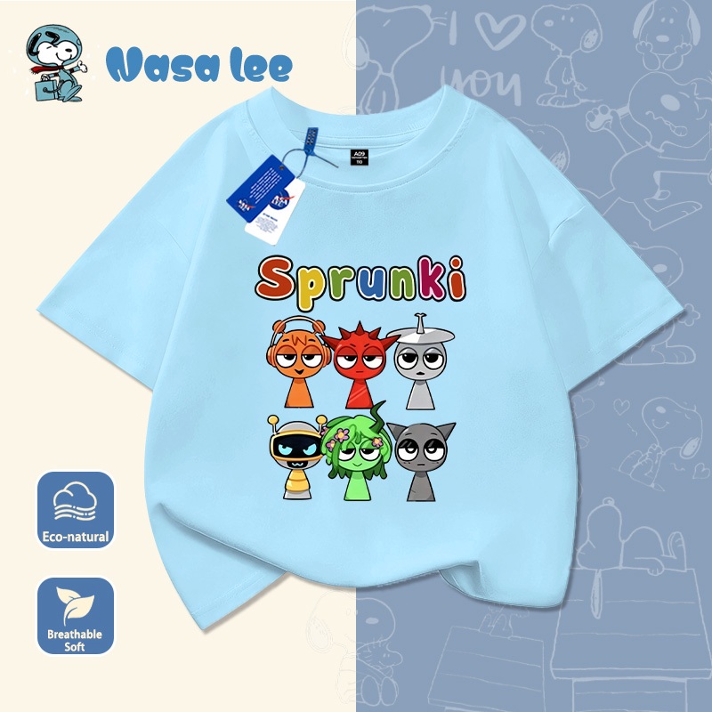 เสื้อเชิ้ตแขนสั้นสกรีนลาย Sprunki แบบ Music Rhythm Box สำหรับเด็กผู้ชายและเด็กผู้หญิง ทำจากผ้าคอตต้อน ดีไซน์การ์ตูนน่ารัก ทันสมัย