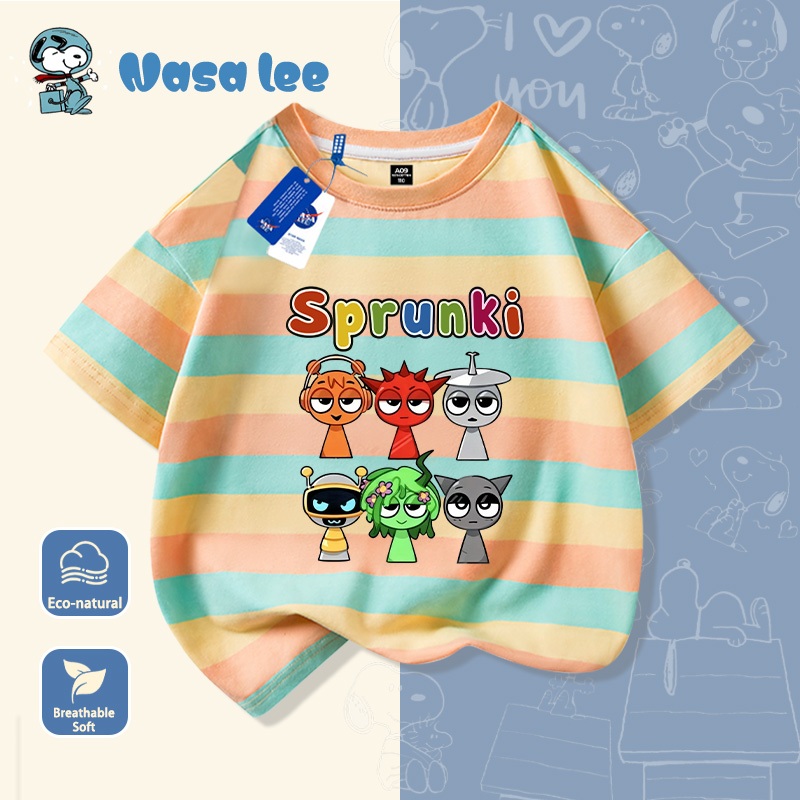 เสื้อเชิ้ตแขนสั้นสกรีนลาย Sprunki แบบ Music Rhythm Box สำหรับเด็กผู้ชายและเด็กผู้หญิง ทำจากผ้าคอตต้อน ดีไซน์การ์ตูนน่ารัก ทันสมัย