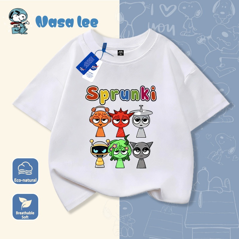 เสื้อเชิ้ตแขนสั้นสกรีนลาย Sprunki แบบ Music Rhythm Box สำหรับเด็กผู้ชายและเด็กผู้หญิง ทำจากผ้าคอตต้อน ดีไซน์การ์ตูนน่ารัก ทันสมัย