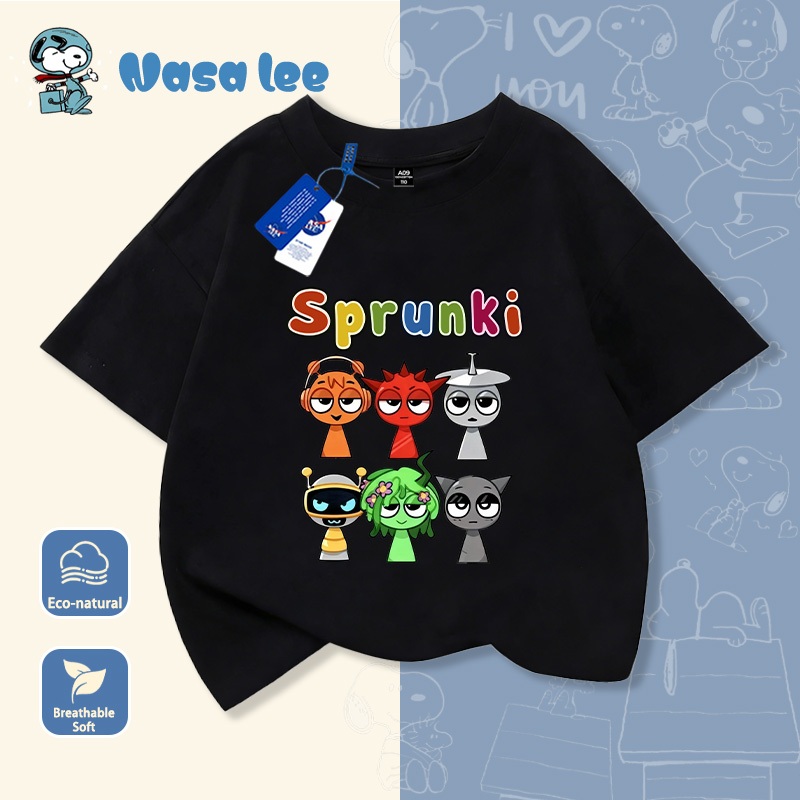 เสื้อเชิ้ตแขนสั้นสกรีนลาย Sprunki แบบ Music Rhythm Box สำหรับเด็กผู้ชายและเด็กผู้หญิง ทำจากผ้าคอตต้อน ดีไซน์การ์ตูนน่ารัก ทันสมัย