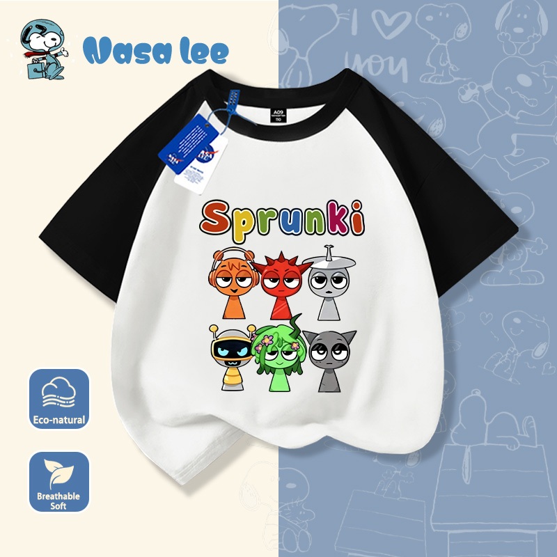 เสื้อเชิ้ตแขนสั้นสกรีนลาย Sprunki แบบ Music Rhythm Box สำหรับเด็กผู้ชายและเด็กผู้หญิง ทำจากผ้าคอตต้อน ดีไซน์การ์ตูนน่ารัก ทันสมัย