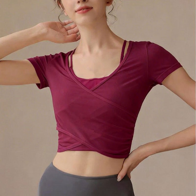 FUYOGI Áo Tập Thể Dụng Tay Ngắn, Lưới Thoáng Khí, tích hợp dây đeo chéo và áo ngực, Phù hợp Yoga và Pilates