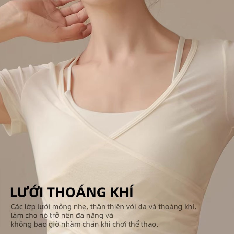 FUYOGI Áo Tập Thể Dụng Tay Ngắn, Lưới Thoáng Khí, tích hợp dây đeo chéo và áo ngực, Phù hợp Yoga và Pilates