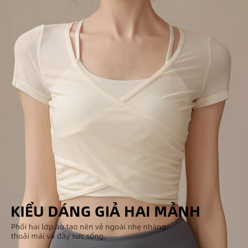 FUYOGI Áo Tập Thể Dụng Tay Ngắn, Lưới Thoáng Khí, tích hợp dây đeo chéo và áo ngực, Phù hợp Yoga và Pilates