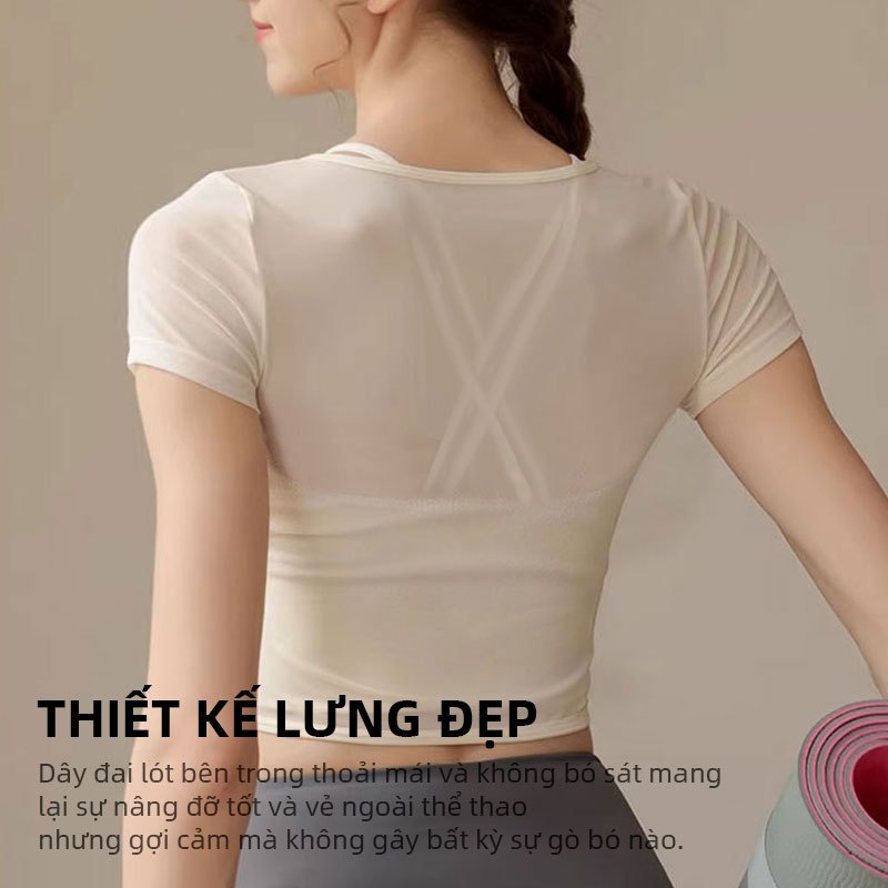 FUYOGI Áo Tập Thể Dụng Tay Ngắn, Lưới Thoáng Khí, tích hợp dây đeo chéo và áo ngực, Phù hợp Yoga và Pilates