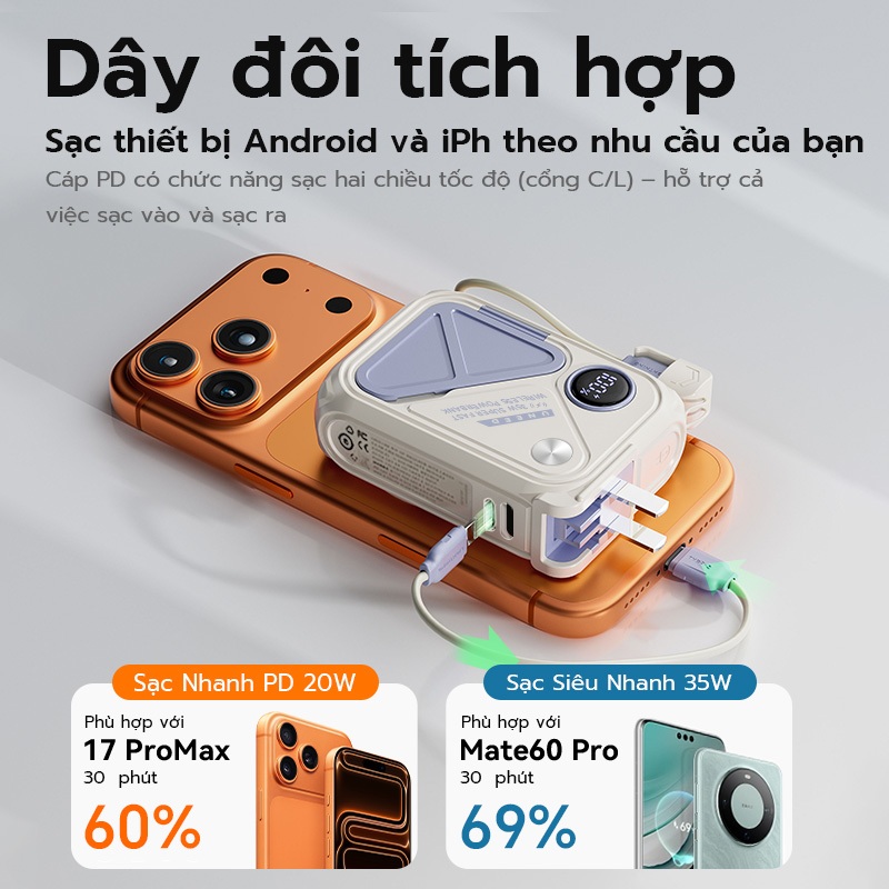 【Cắm trại cần thiết】Uneed sạc dự phòng 30000/20000 mAh 6 trong 1 AC tự nạp cục sạc dựng phòng, tích hợp 4 cổng sạc, màn hình LED, PD 35W, Bảo hành 2 năm