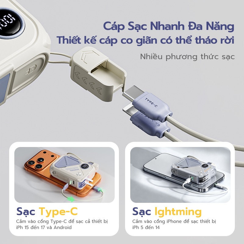 【Cắm trại cần thiết】Uneed sạc dự phòng 30000/20000 mAh 6 trong 1 AC tự nạp cục sạc dựng phòng, tích hợp 4 cổng sạc, màn hình LED, PD 35W, Bảo hành 2 năm