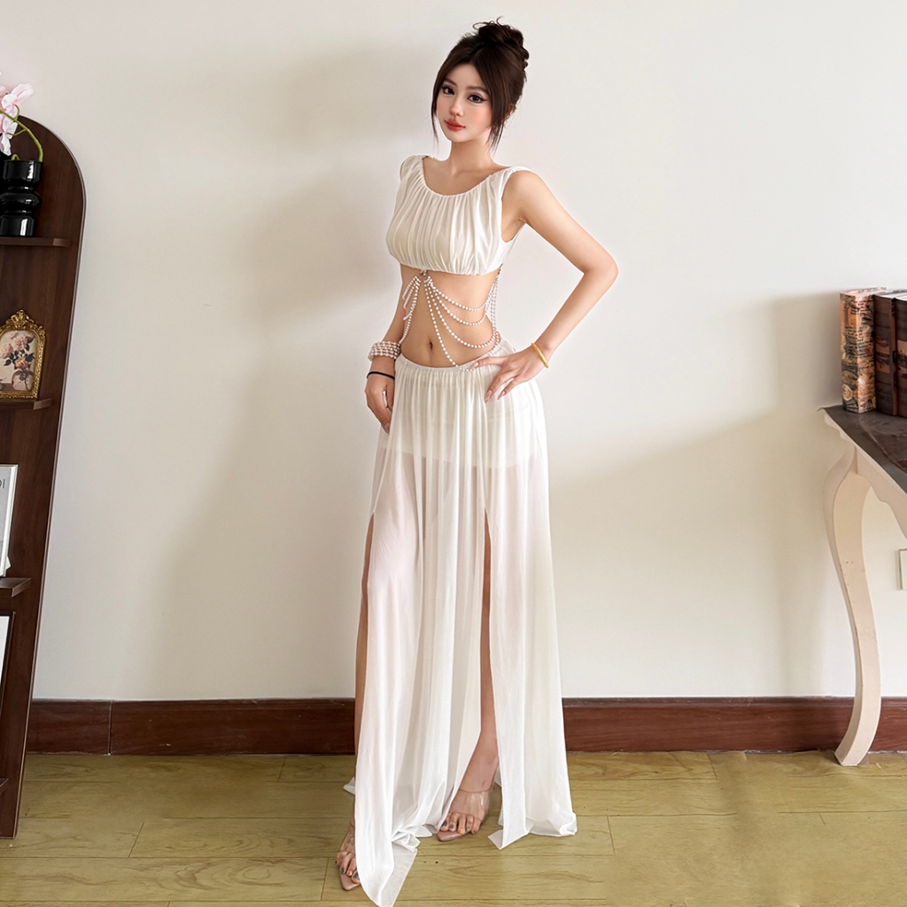 Váy phù hợp với rốn lộn lưng áo sơ mi lưới, thiết kế tối giản, phong cách thời thượng