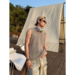 Mùa Hè Niche Thiết Kế Unisex Phong Cách Bạc Rỗng Gạc Áo Thun Tay Ngắn Áo Vest Nam Mùa Hè Hợp Thời Trang