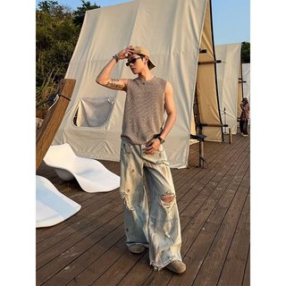 Mùa Hè Niche Thiết Kế Unisex Phong Cách Bạc Rỗng Gạc Áo Thun Tay Ngắn Áo Vest Nam Mùa Hè Hợp Thời Trang