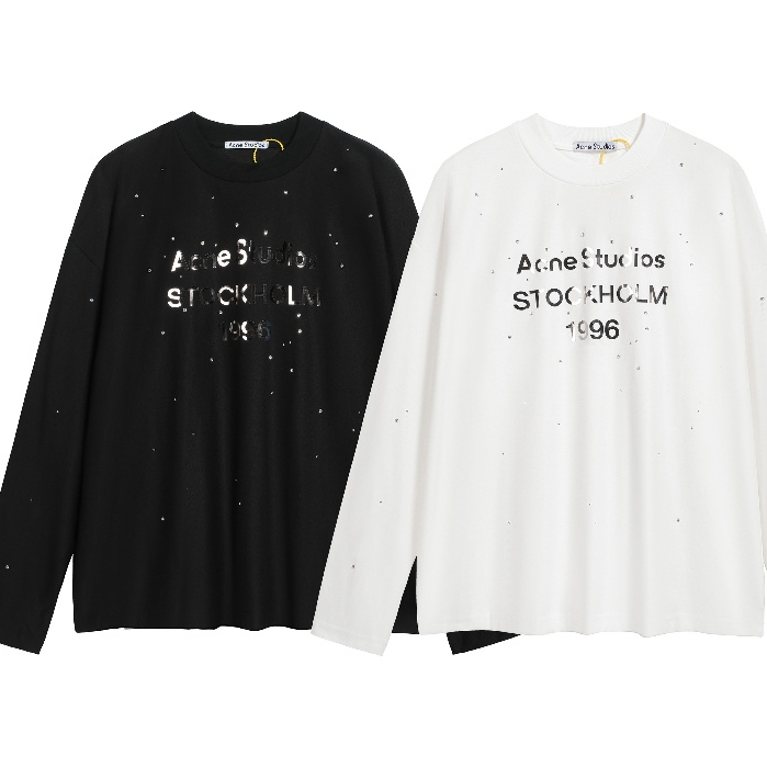 Áo thun dài tay có Logo chữ cái kỹ thuật số AC Letter Style Unisex mới dành cho nam và nữ – 100% Cotton, Đen / Trắng, S-XL