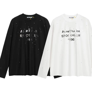 Áo thun dài tay có Logo chữ cái kỹ thuật số AC Letter Style Unisex mới dành cho nam và nữ – 100% Cotton, Đen / Trắng, S-XL