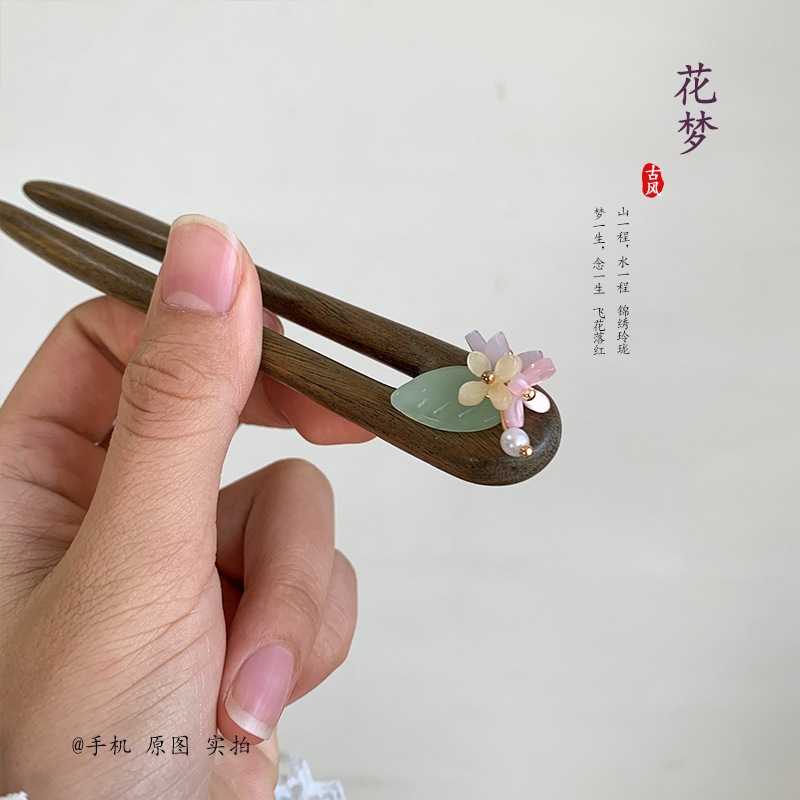 Kẹp Tóc Ngắn Gỗ Đàn Hương Xanh, Phong Cách Cổ Điển Trung Quốc, Hoa Thủy Tinh Tươi