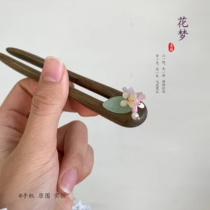 Kẹp Tóc Ngắn Gỗ Đàn Hương Xanh, Phong Cách Cổ Điển Trung Quốc, Hoa Thủy Tinh Tươi