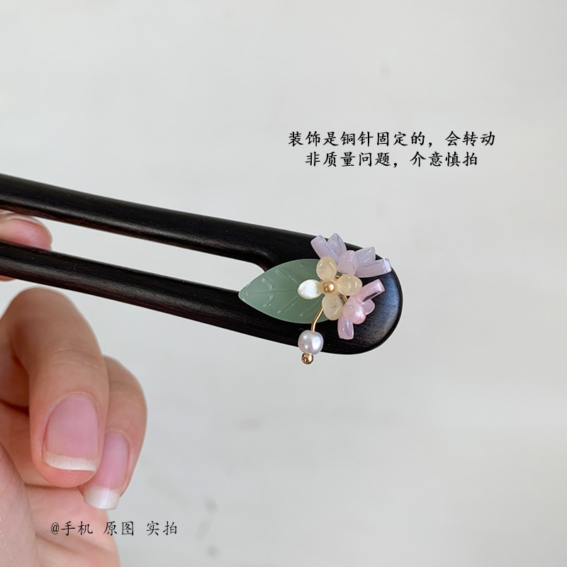 Kẹp Tóc Ngắn Gỗ Đàn Hương Xanh, Phong Cách Cổ Điển Trung Quốc, Hoa Thủy Tinh Tươi