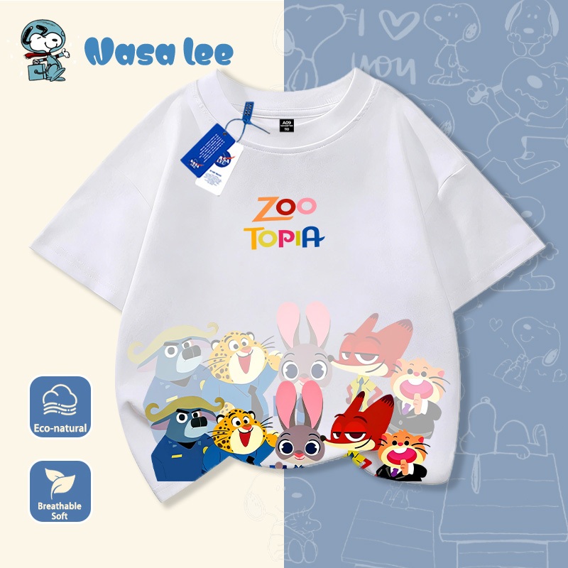 Áo thun cổ tròn trẻ em phong cách Nhật Bản mới nhất NASA - Chủ đề Zootopia, áo thun họa tiết hoạt hình mùa hè cho bé trai, bé gái cỡ trung và lớn.