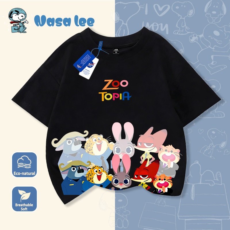 Áo thun cổ tròn trẻ em phong cách Nhật Bản mới nhất NASA - Chủ đề Zootopia, áo thun họa tiết hoạt hình mùa hè cho bé trai, bé gái cỡ trung và lớn.