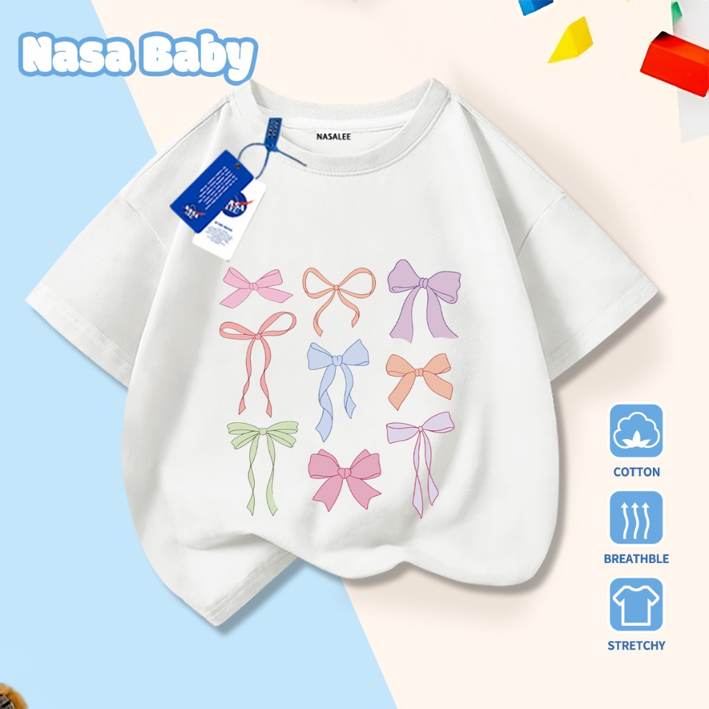 🎀Xu hướng hot 2026🎀 Áo thun trẻ em NASA, họa tiết nơ, 100% cotton, Unisex, giao hàng ngay