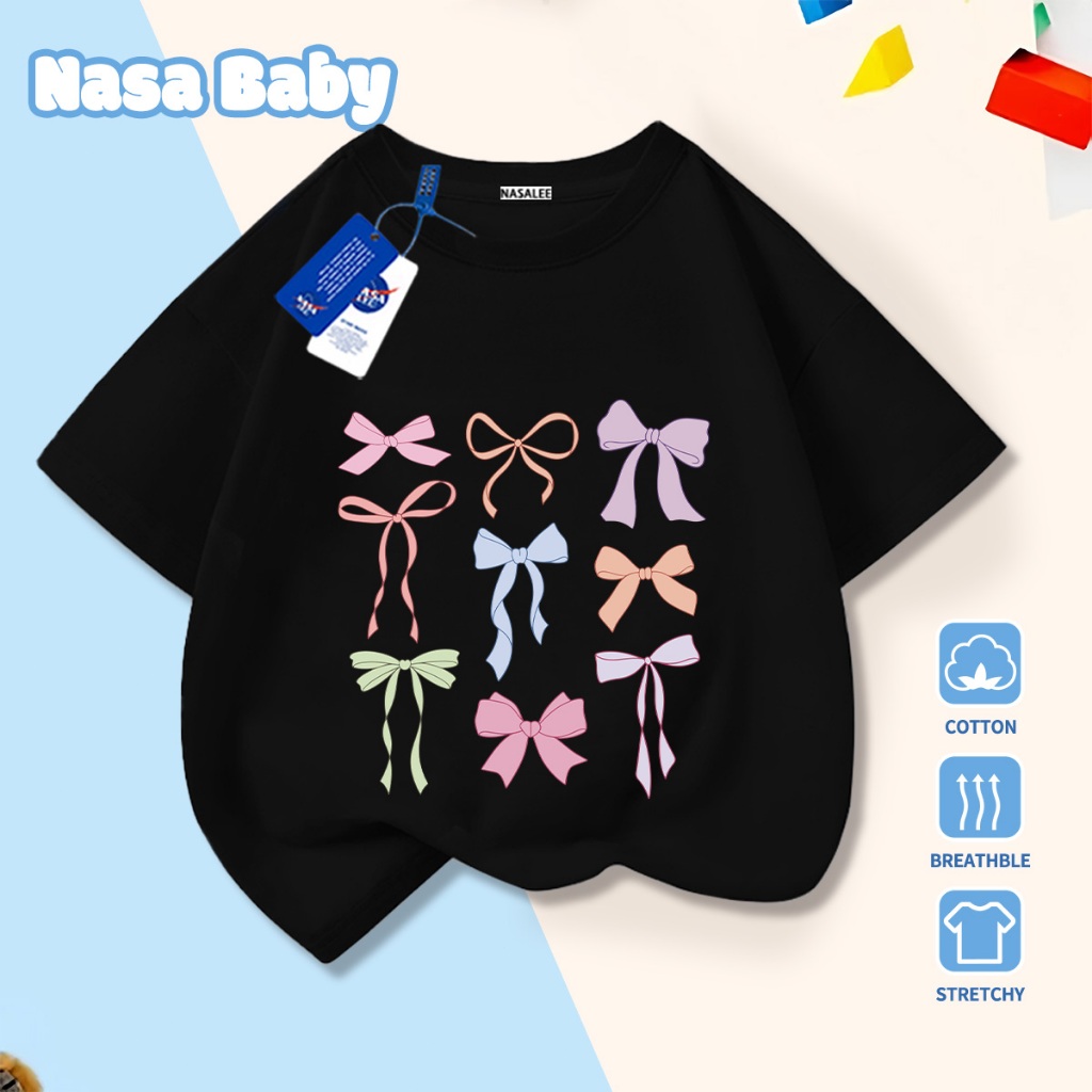 🎀Xu hướng hot 2026🎀 Áo thun trẻ em NASA, họa tiết nơ, 100% cotton, Unisex, giao hàng ngay