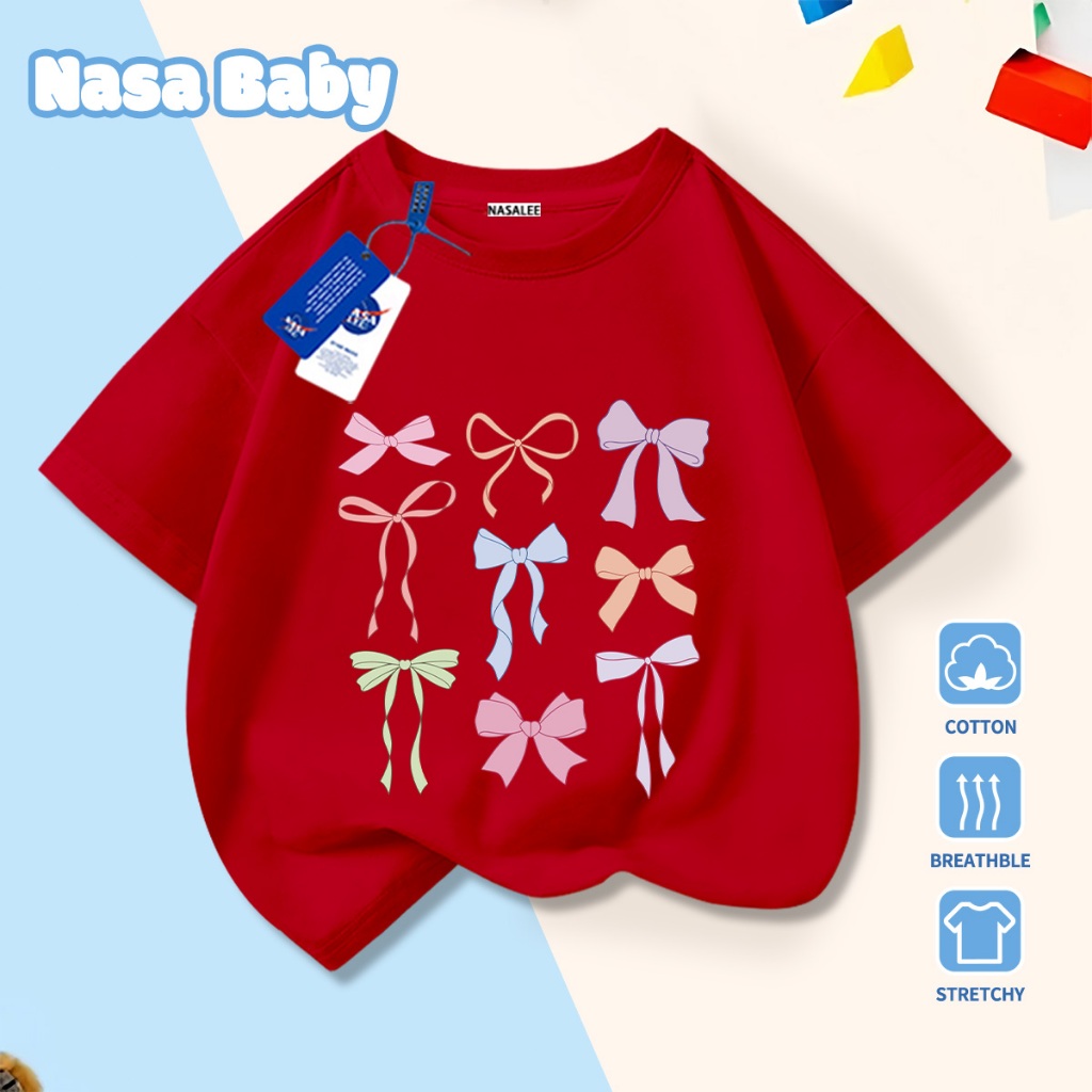 🎀Xu hướng hot 2026🎀 Áo thun trẻ em NASA, họa tiết nơ, 100% cotton, Unisex, giao hàng ngay