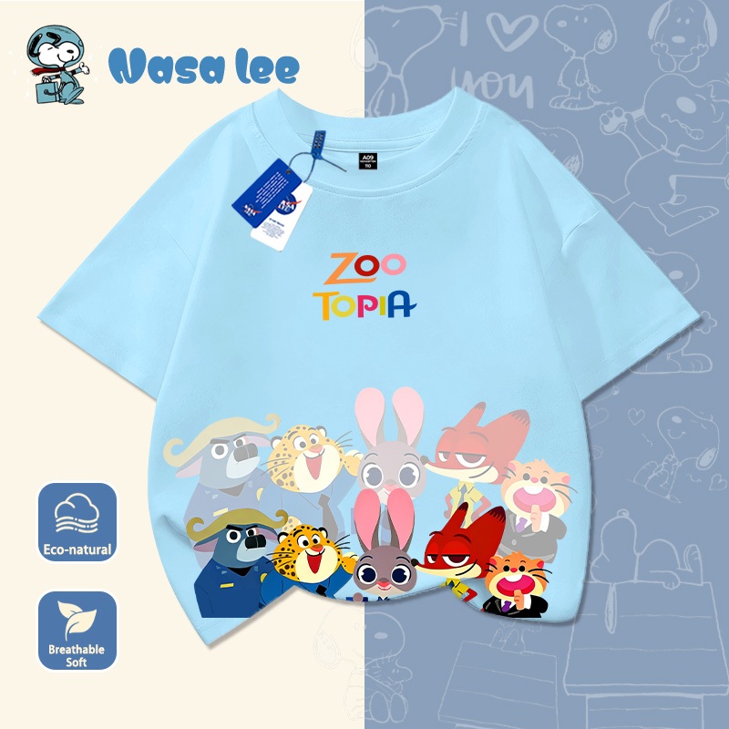 Áo thun cổ tròn trẻ em phong cách Nhật Bản mới nhất NASA - Chủ đề Zootopia, áo thun họa tiết hoạt hình mùa hè cho bé trai, bé gái cỡ trung và lớn.