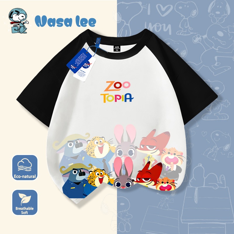 Áo thun cổ tròn trẻ em phong cách Nhật Bản mới nhất NASA - Chủ đề Zootopia, áo thun họa tiết hoạt hình mùa hè cho bé trai, bé gái cỡ trung và lớn.