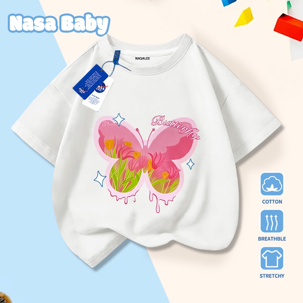 🎀Xu hướng hot 2026🎀 Áo thun trẻ em NASA, họa tiết bướm, 100% cotton, Unisex, giao hàng ngay