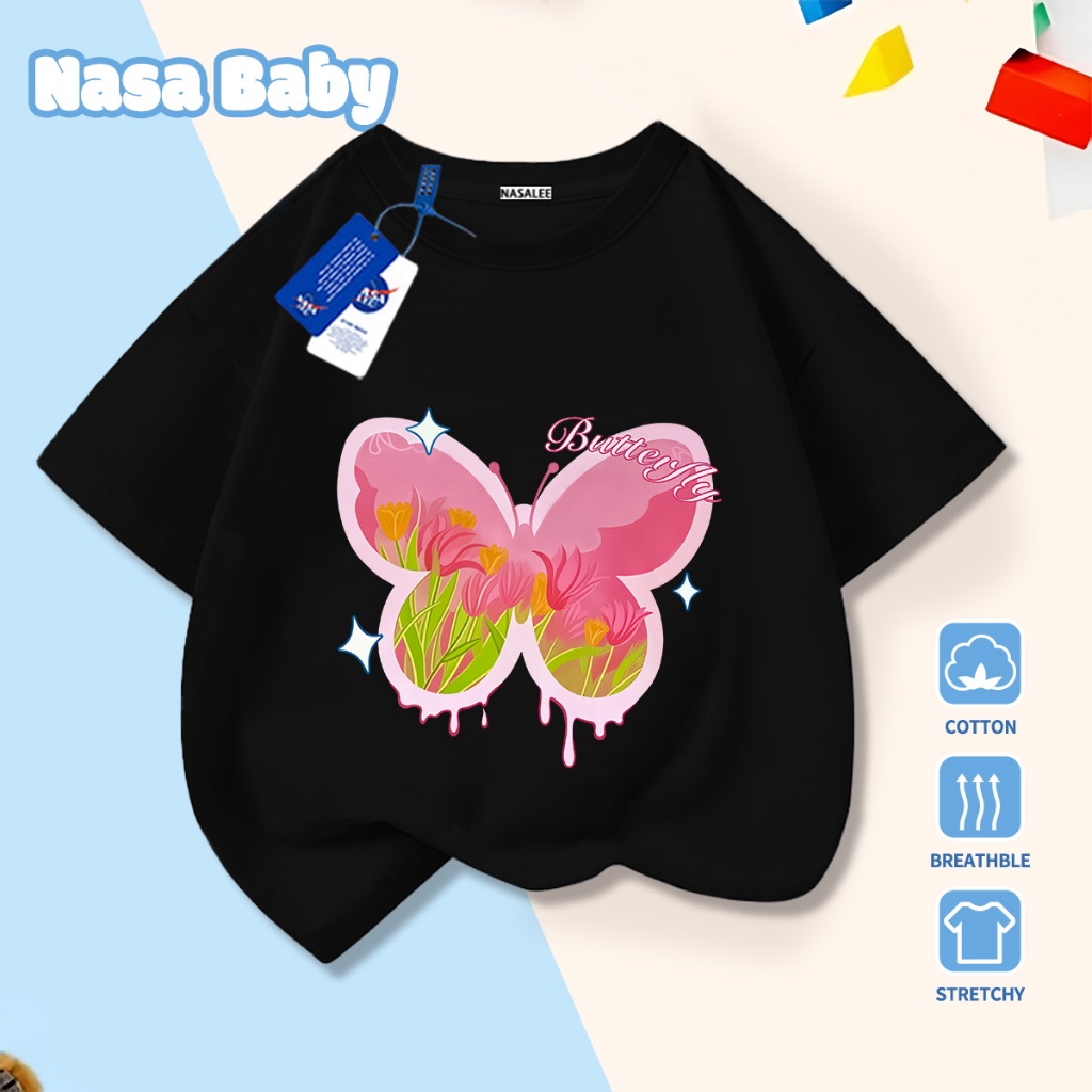 🎀Xu hướng hot 2026🎀 Áo thun trẻ em NASA, họa tiết bướm, 100% cotton, Unisex, giao hàng ngay