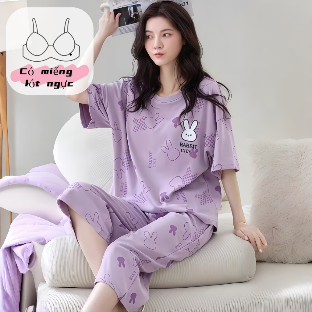【Bộ có đệm ngực】Bộ đồ ngủ nữ tay ngắn quần lửng cotton cổ trơn xuân thu in hình đáng yêu chất vải Pháp mặc nhà mặc ngoài