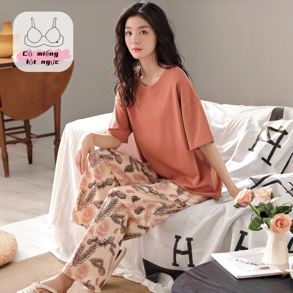 【Có đệm ngực】Set đồ ngủ nữ cotton xuân hè tay ngắn quần dài trơn màu thoáng mát phong cách đơn giản
