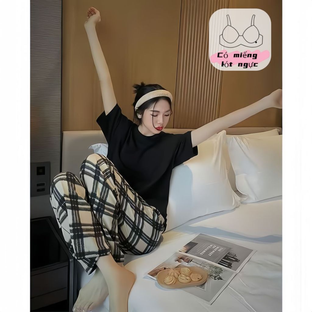 【Có đệm ngực】Set đồ ngủ nữ cotton xuân hè tay ngắn quần dài trơn màu thoáng mát phong cách đơn giản