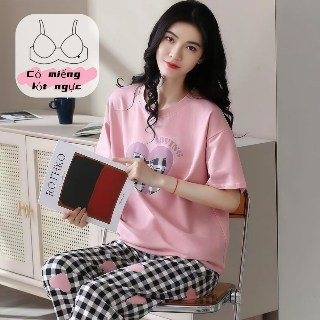 【Có đệm ngực】Set đồ ngủ nữ cotton xuân hè tay ngắn quần dài trơn màu thoáng mát phong cách đơn giản