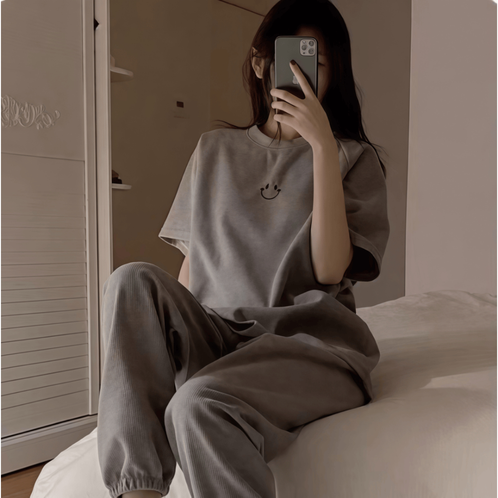 【Bộ tay ngắn quần dài】Bộ đồ ngủ nữ tay ngắn quần dài cotton cổ trơn xuân hè 2026 trơn màu in hình mặt cười đáng yêu mặc nhà mặc ngoài