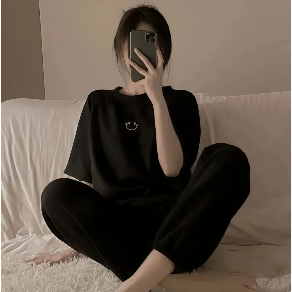 【Bộ tay ngắn quần dài】Bộ đồ ngủ nữ tay ngắn quần dài cotton cổ trơn xuân hè 2026 trơn màu in hình mặt cười đáng yêu mặc nhà mặc ngoài