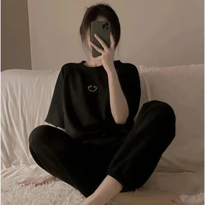 【Bộ tay ngắn quần dài】Bộ đồ ngủ nữ tay ngắn quần dài cotton cổ trơn xuân hè 2026 trơn màu in hình mặt cười đáng yêu mặc nhà mặc ngoài