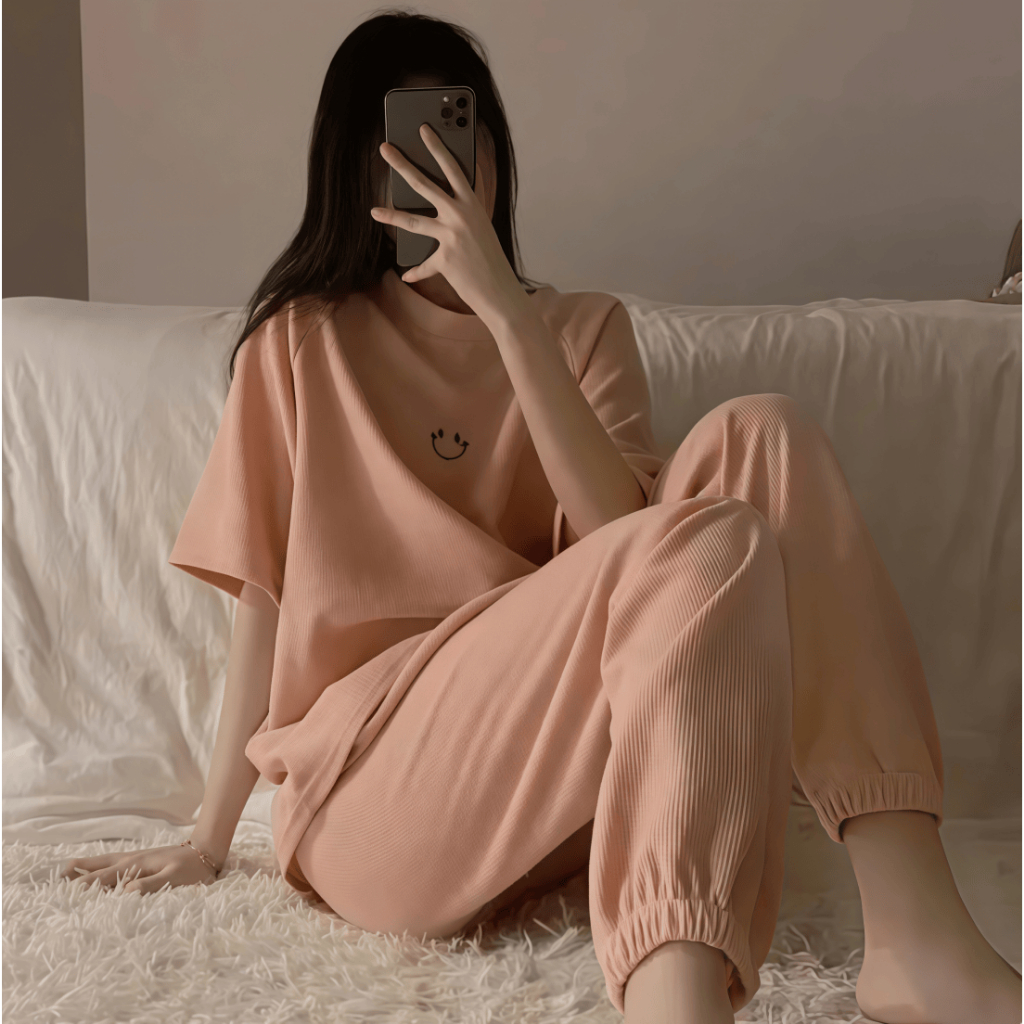 【Bộ tay ngắn quần dài】Bộ đồ ngủ nữ tay ngắn quần dài cotton cổ trơn xuân hè 2026 trơn màu in hình mặt cười đáng yêu mặc nhà mặc ngoài
