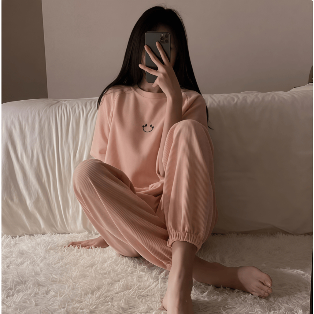 【Bộ tay ngắn quần dài】Bộ đồ ngủ nữ tay ngắn quần dài cotton cổ trơn xuân hè 2026 trơn màu in hình mặt cười đáng yêu mặc nhà mặc ngoài