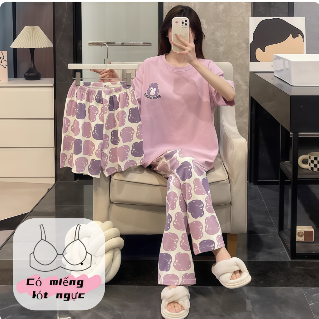 【Mẫu có đệm ngực】Bộ đồ ngủ nữ 3 món tay ngắn quần short quần dài cotton cổ trơn xuân hè in hình đáng yêu chất vải Pháp mặc nhà mặc ngoài