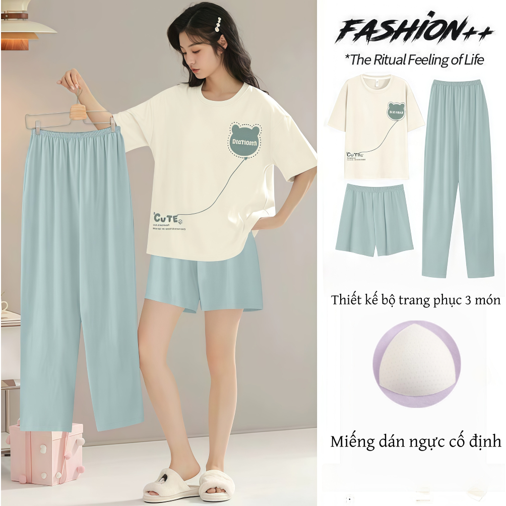 【Mẫu có đệm ngực】Bộ đồ ngủ nữ 3 món tay ngắn quần short quần dài cotton cổ trơn xuân hè in hình đáng yêu chất vải Pháp mặc nhà mặc ngoài