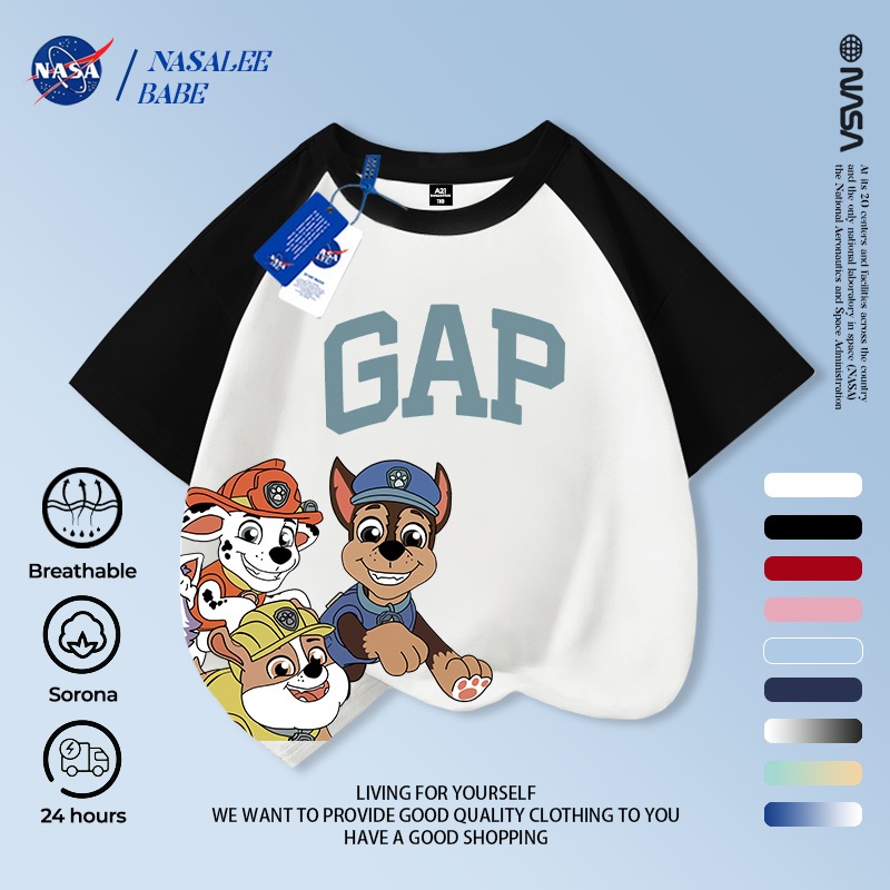 Áo thun trẻ em NASA Paws Team In phiên bản Hàn Quốc Hợp thời trang Bé trai Bé gái 2-16 tuổi Tay ngắn mùa hè