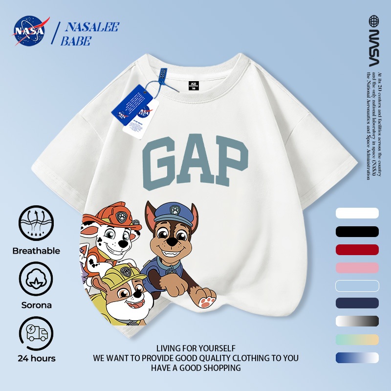Áo thun trẻ em NASA Paws Team In phiên bản Hàn Quốc Hợp thời trang Bé trai Bé gái 2-16 tuổi Tay ngắn mùa hè